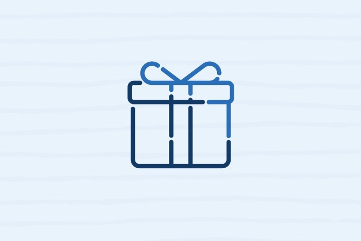 Simple blue outline of a gift box with a ribbon on light striped background.