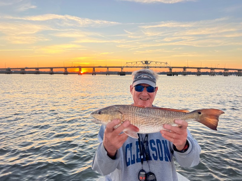 Person holding a fish on a boat with a sunset and bridge in the background.