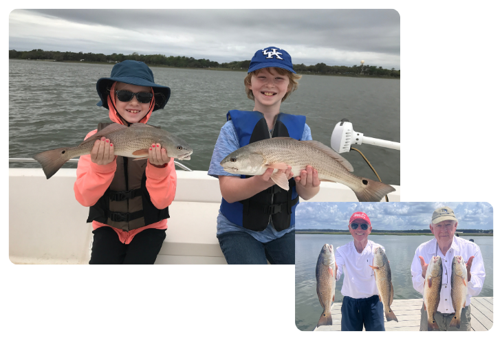 Two children and two adults holding fish on a boat and dock.