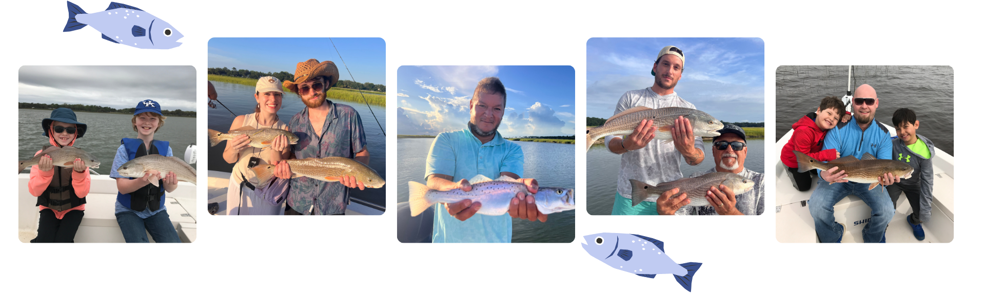 Five photos of people holding fish on a boat with ocean and fish graphics.